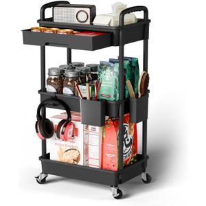 3 Tier Rolling Cart Organizer,Laundry Room Bathroom Organizers and Storage Office Shelves Mobile Shelving Unit Kitchen Trolley Cart with Wheels for Art,Craft,Diaper,Bedside,Snack(Black)