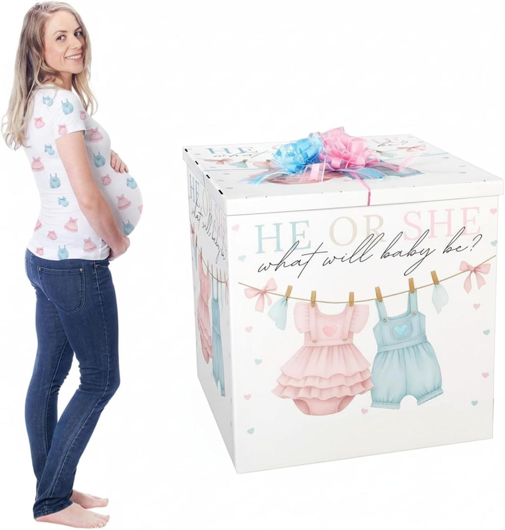 AmazingSpark 28in Jumbo Gender Reveal Gift Box Kit with Oversized Box Giant Pull Bows for Gender Reveal Baby Shower Birthday Party Decor (Baby Clothes), 1 Count