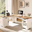 Decofy L Shaped Farmhouse Executive Desk with Drawers, White 67" Home Office Desks with Fast Charging Station, Lockable File Cabinet, Wood Writing Computer Desk for Work, Study, 67"W x 59"D x 30.7"H