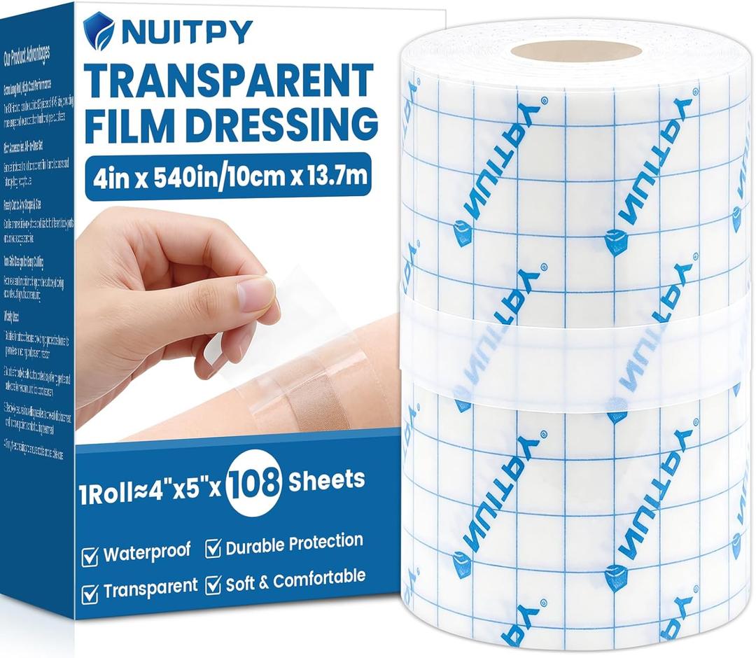 Transparent Film Dressing Roll, 4in x 15 Yards, Waterproof Tattoo Aftercare Bandage, Waterproof Adhesive Bandages for Wound Care, IV Shield, Shower & Swimming (About 108 Sheets of 4"x5" Film)