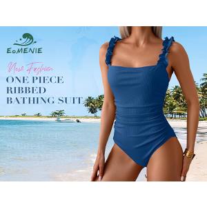 Eomenie Women's One Piece Swimsuit 2025 Tummy Control Square Neck Bathing Suit Ruffle Straps Ribbed Swimwear Royal Blue Medium