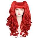 Long Curly Red Wig with Pigtails Red Ponytail Clip on Wig for Halloween Cosplay Party