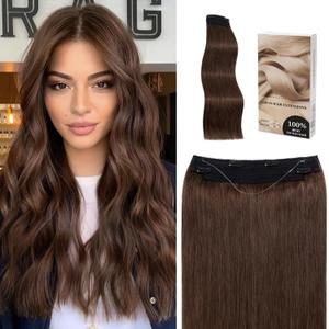 Invisible Wire Hair Extensions Real Human Hair Straight Brown Halo Hair Extensions Thick Adjustable Hidden Fish Line Hair Extension for Women 12 Inch 70g,One Piece#04 Medium Brown