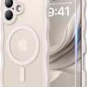 3 in 1 Magnetic for iPhone 17 Case, Cute Wavy [Full Camera Protection] [Fit for MagSafe] 1X Screen Protector+1X Wrist Strap, Anti-Slip Trendy Women Girly Phone Case for iPhone 17 6.3", Stone White