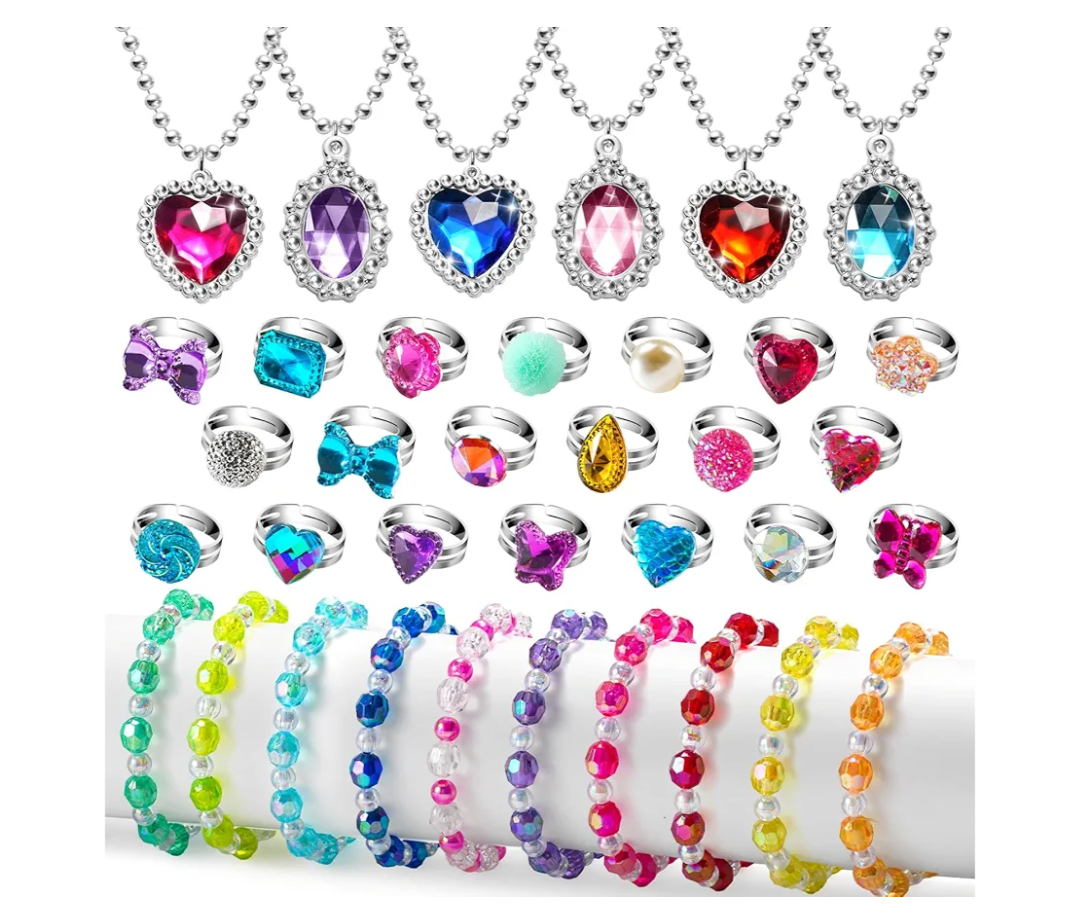 Princess Play Jewelry Set for Little Girls Ages 4-6, Kids Costume Dress Up Jewelry Necklace Bracelet Rings for Toddlers, Childrens Princess Birthday Party Favors Gift 3-5 4 5 6 7 8 Year Old Girl