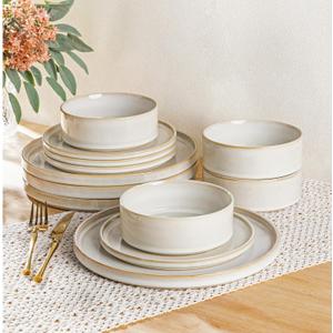AmorArc Ceramic Dinnerware Sets, Handmade Reactive Glaze Stoneware Plates and Bowls Sets,Highly Chip and Crack Resistant | Dishwasher & Microwave Safe Dishes Set, Service for 4 (12pc) (Vanilla White)