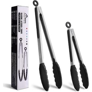 HOTEC Premium Stainless Steel Locking Kitchen Tongs with Silicon Tips, Set of 2-9" and 12" (Black)