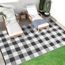 Outdoor Plastic Straw Rug 9x18, Reversible Outdoor Rug Waterproof Patio Rugs, Modern Border Washable Throw Carpet,Camping Rugs for RV Backyard Deck Porch Picnic Beach Poolside, Black/White