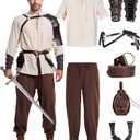 8 Pcs Men's Renaissance Costume Halloween Medieval Pirate Shirt Pant Viking Costume Accessories Set, XL