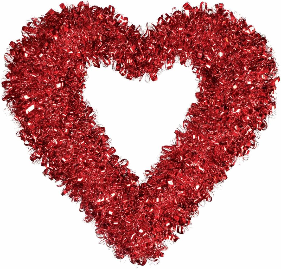 Stunning Red Tinsel Happy Valentines Heart Wreath -17.5" (1 Pc.) - Durable & Elegant, Unique Decor - Perfect for Valentine's Day