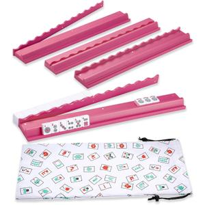 4PCS Mahjong Racks with Pushers, Wooden American Mahjong Tile Pushers and Racks Set of 4, with White Printed Mahjong Racks Drawstring Bag, Mahjong Accessories (19.68 Inches)