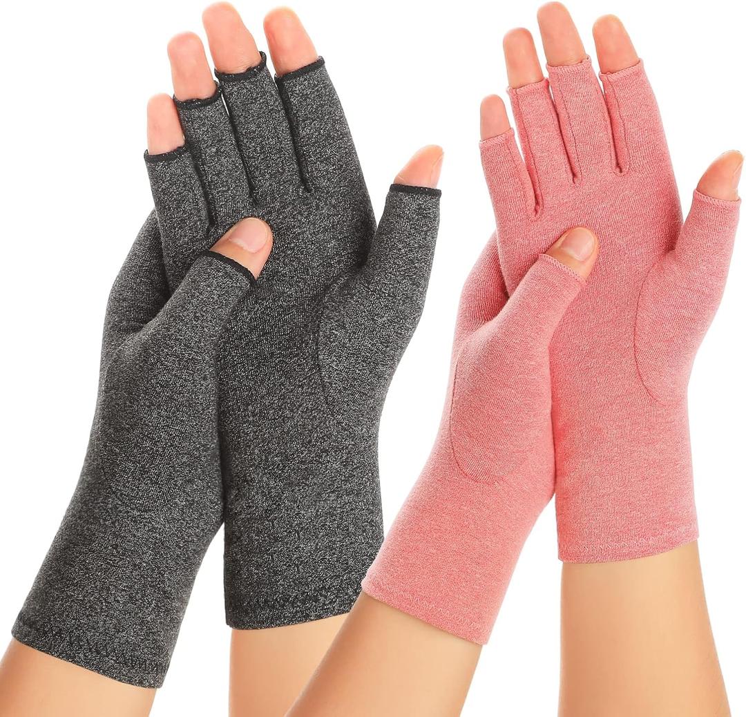 2 Pairs Arthritis Compression Gloves for Women Men, Carpal Tunnel Pain Relief, Fingerless for Typing Both Hands (Small, Grey 1+Pink 1)