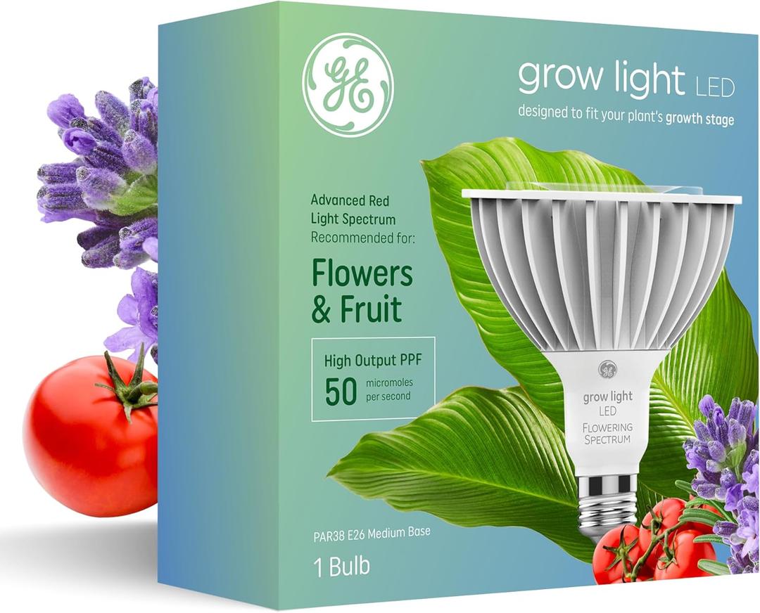 GE Grow LED Light Bulb, PAR38 Flood Light, Indoor LED Grow Lights for Flowers and Fruit, Advanced Red Light Spectrum, 25,000 Hour Lifespan, 50 PPF, 1 Pack (Packaging May Vary)