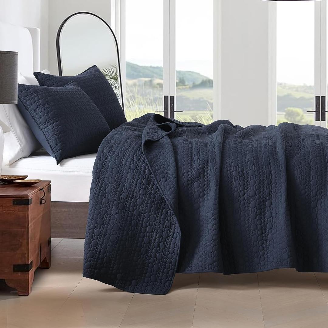 HORIMOTE HOME Navy Quilt Set Twin Size, Lightweight Soft Pre-Washed Microfiber Circle Pattern Bedspread Coverlet, 2 Pieces Quilt Bedding Set with Pillow Shams for All Season, 68x86 inches