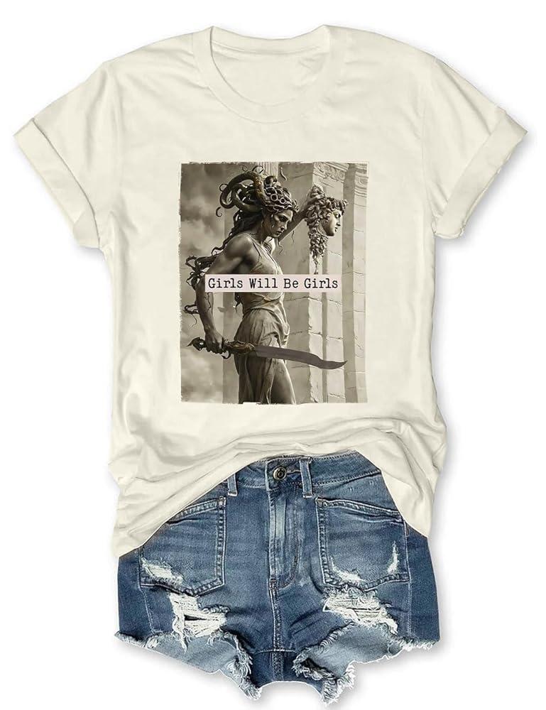 Girls Will Be Girls Medusa Funny Crewneck Casual Shirt Feminist Shirts, S Girls Will Be Girls Medusa Funny Crewneck Casual Shirt Feminist Shirts, S