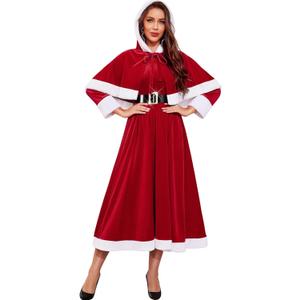 RSLOVE Christmas Dresses for Women - Mrs Claus Santa Costume with Removable Hooded Cape and Belt Holiday Party Outfit (Medium, Red)