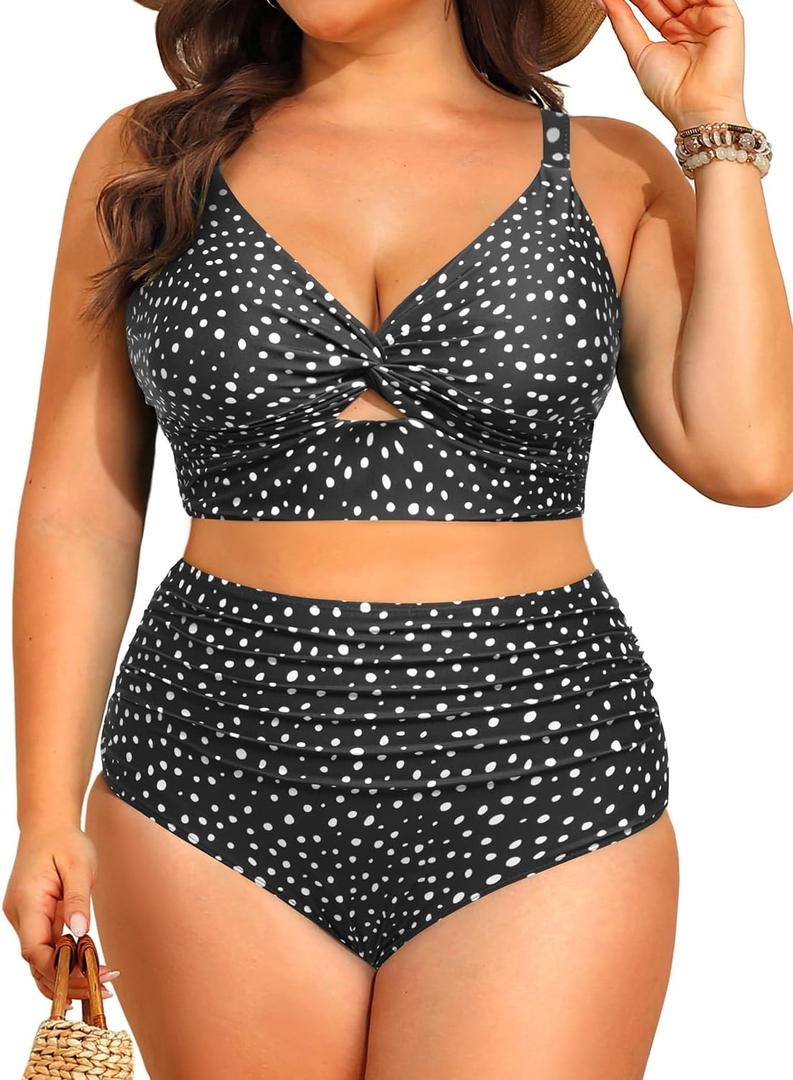 Daci Plus Size Two Piece Swimsuits - Women High Waisted Bikini Tummy Control Bathing Suits Knot Twist Swimwear 2025 (Black, XXXL)