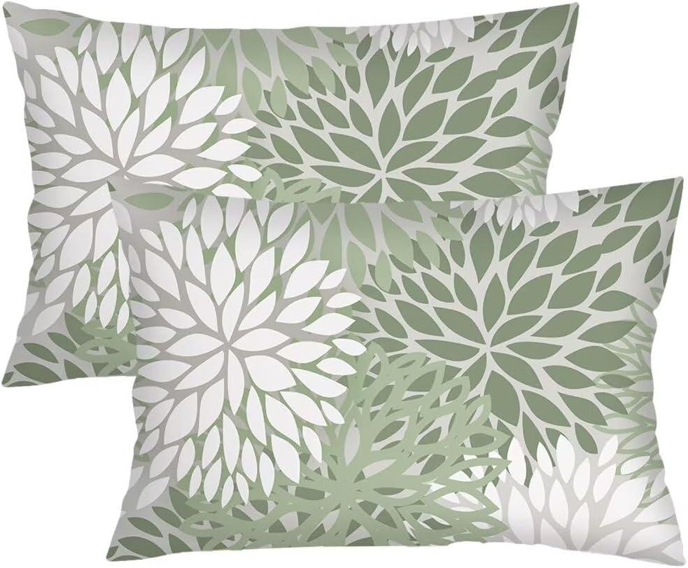 Sage Green Throw Pillow Cover Queen Size Set of 2 Spring Floral Lumbar Pillow Case Farmhouse Dahlia Pillow Covers Soft Standard Pillow Cases with Zipper Decorative Modern Flower Cushion Covers,20"x30" (Color 6)