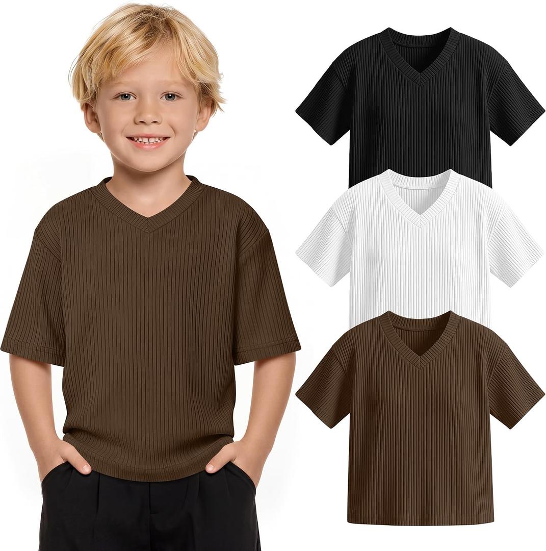 3 Pack Toddler Boys' Short Sleeve T-Shirts Summer Baby Ribbed V Neck Drop Shoulder Tops Loose Fit Casual for 18M-6Y