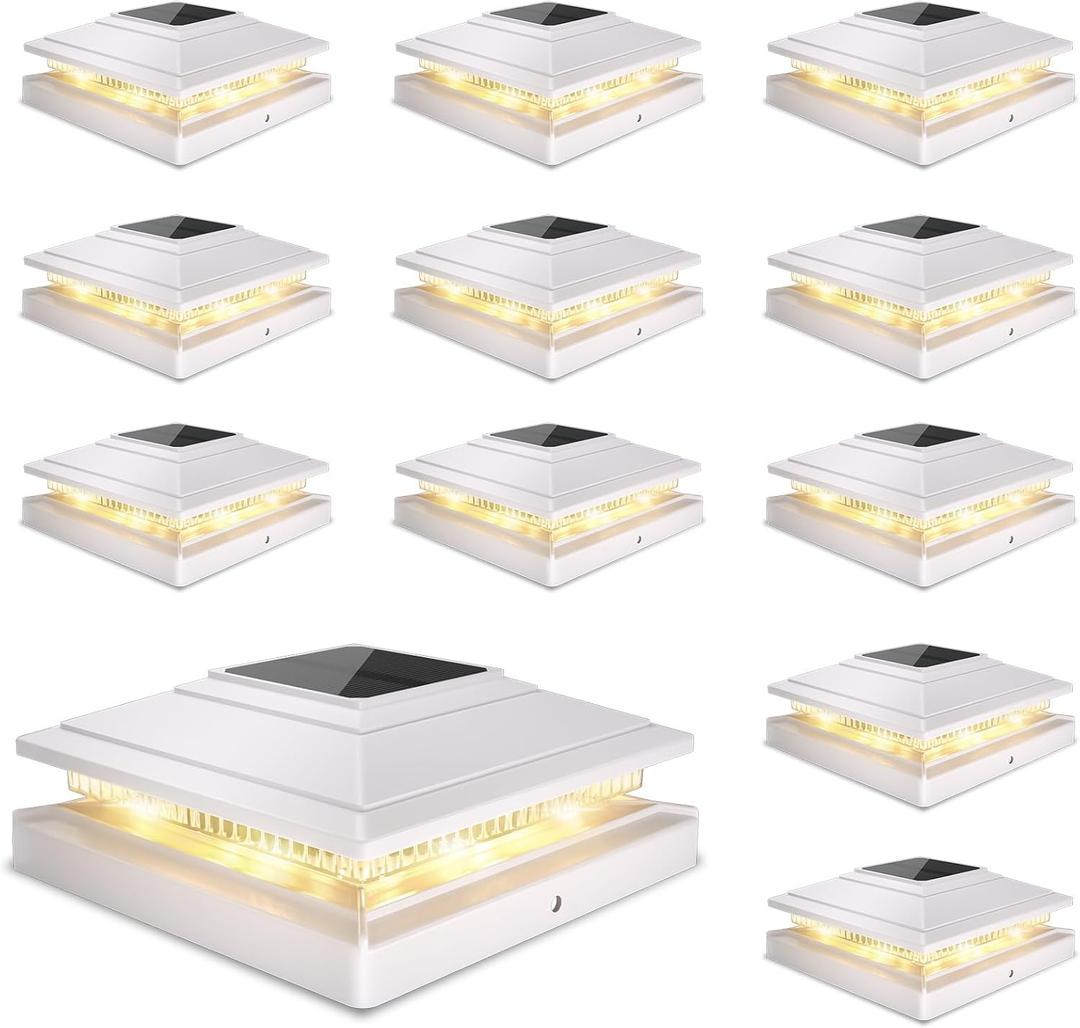 Solar Post Cap Lights Outdoor 12pack, Waterproof Fence Post Solar Lights for 4x4 5x5 6x6 Wood/Vinyl Posts, White Deck Post Lights with 2 Color Modes Decorate Garden Patio Porch Backyard