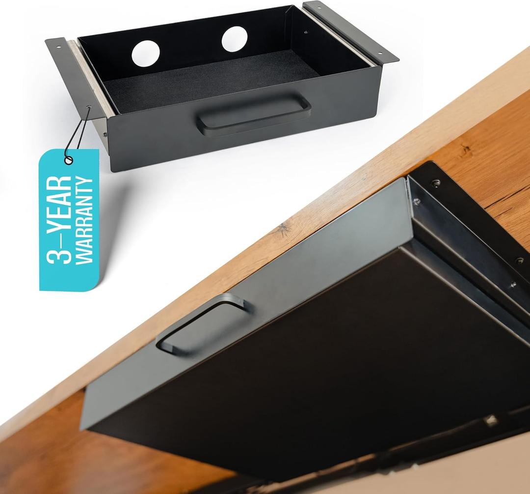 Under Desk Drawer Slide Out Attachment - Carbon Steel Undermount Table Drawer with Cable Management, Pull Out Add-On Storage for Office & Standing Desks (13" x 8" x 2.8") (Medium)