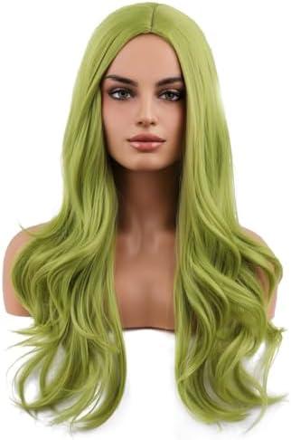 MAGQOO Green Wig for Women Long Curly Wavy Green Wigs Middle Part Synthetic Heat Resistant Fiber Halloween Cosplay Costume Daily Party Use