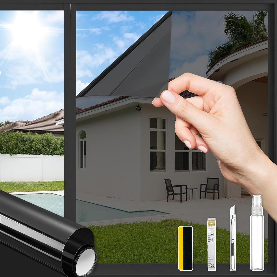 ConCus-T One Way Window Privacy Film with 4 Free Tools, Heat Control UV Blocking Window Tint for Home Reflective Mirror Film Static Cling Door Glass Covering, Black, 23.62" x 157.48"