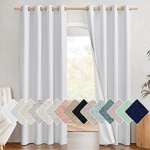 NICETOWN 100% Absolutely Blackout Linen Curtains with Thermal Insulated White Liner, White, 52 inches Wide, 84 inches Length Energy Saving Curtains for Living Room 2 Panels Set, Vertical Blinds