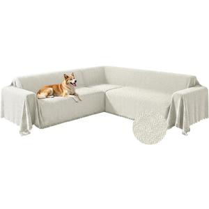 ALIECOM Corner Sectional Couch Covers L Shape Sofa Cover with Tassel Chenille Soft Thick U Shaped Sectional Slipcovers Washable Furniture Protector for Pets Dogs Cats (Light Cream, 91x251 Inch)