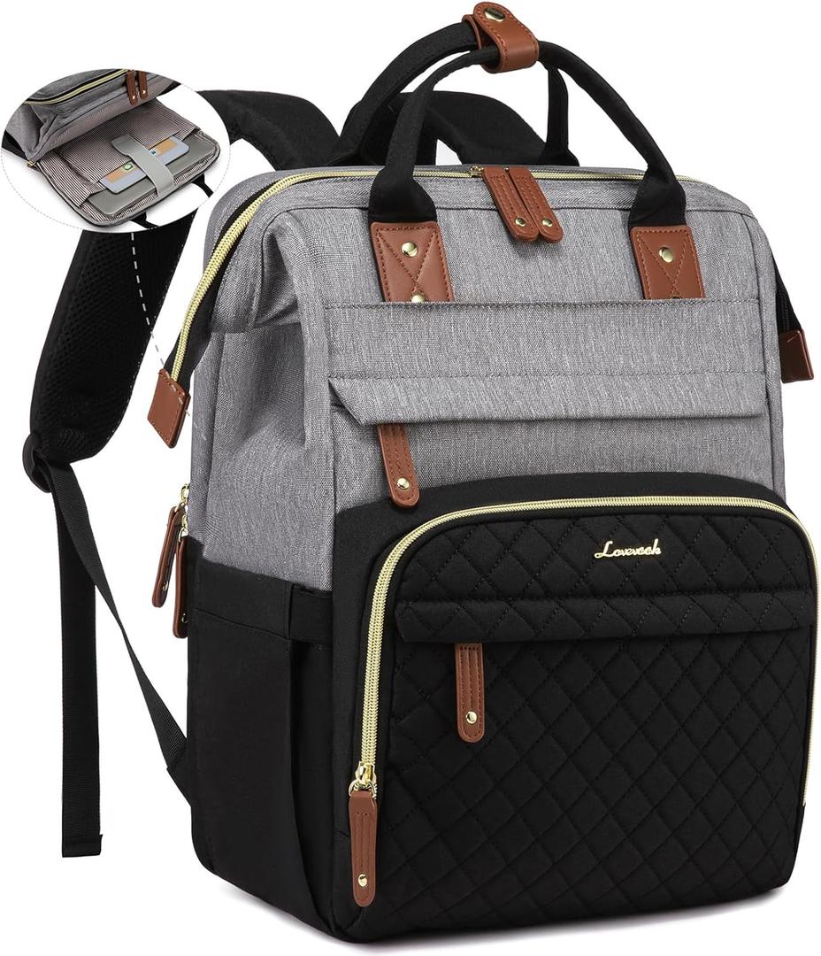 LOVEVOOK Laptop Backpack for Women, 15.6'' Waterproof Nurse Bag Teacher Work Backpack Purse for Women, Travel Computer Backpack for College Office Business Ladies (Gray Black)