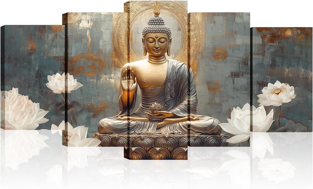 Buddha Canvas Wall Art 5 Piece Zen Wall Decor Buddhism Meditation Painting for Spiritual Room Living Room Home Decor Office Framed(Picture-1,8x14inx2 8x18inx2 8x22inx1) (40x22 inch)
