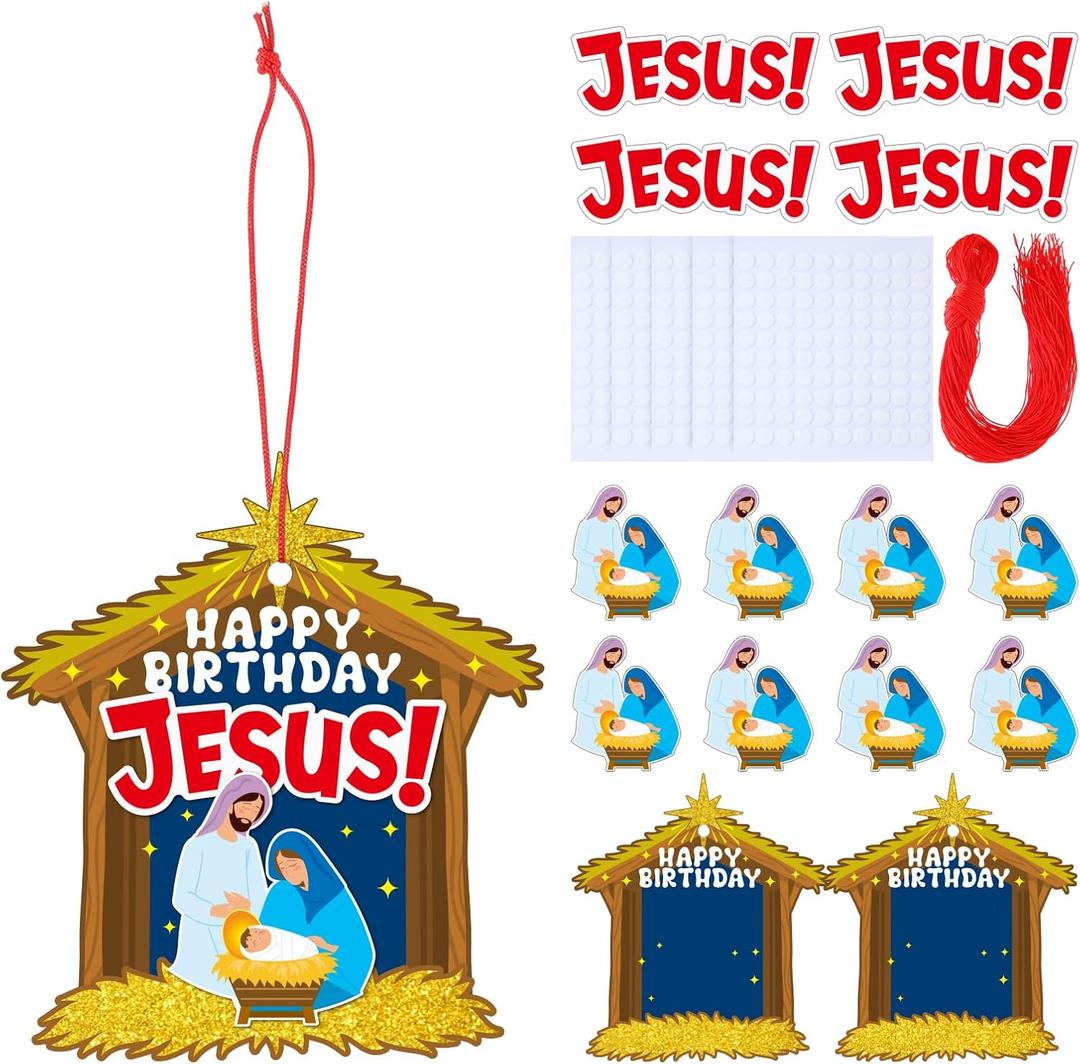 Thyle 48 Set Christmas Happy Birthday Jesus Nativity Ornament Craft Kit 2 Inches DIY Make Your Own Paper Happy Birthday Jesus Nativity Craft for Holiday Xmas Tree Hanging Decorations Party Ornaments