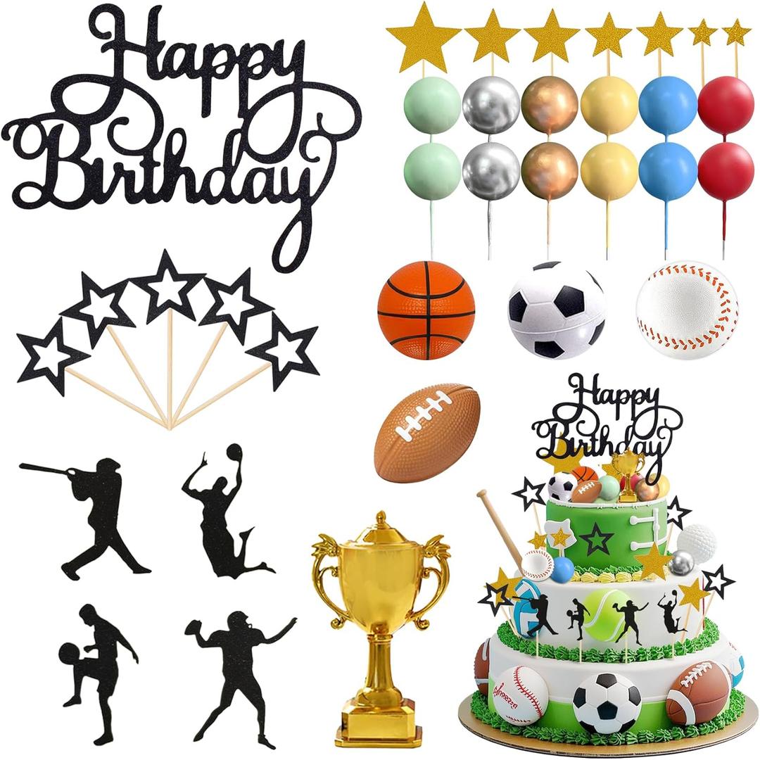 Knana 34Pcs Sports Cake Toppers with Baseball Soccer Basketball Football for Sports Theme Birthday Party Decorations