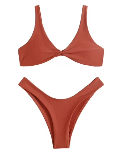 Bikini Sets for Women Plain Swimsuit V neck Rust Brown, Size S