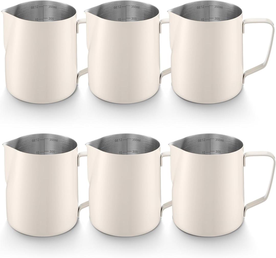 Honeydak 6 Pcs Milk Frothing Pitcher 304 Stainless Steel Steaming Pitchers for Coffee Bar Cappuccino Barista Tools Milk Jug Steamer Frother Cup (12 oz,White)