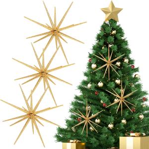 Syhood 6 Pcs Glitter Starburst Star New Year Ornaments 8 Inch Exploding Glitter Starburst Bethlehem Star Hanging Tree Ornaments Tabletop 3D Decor New Year Holiday Party(Gold,Classic)