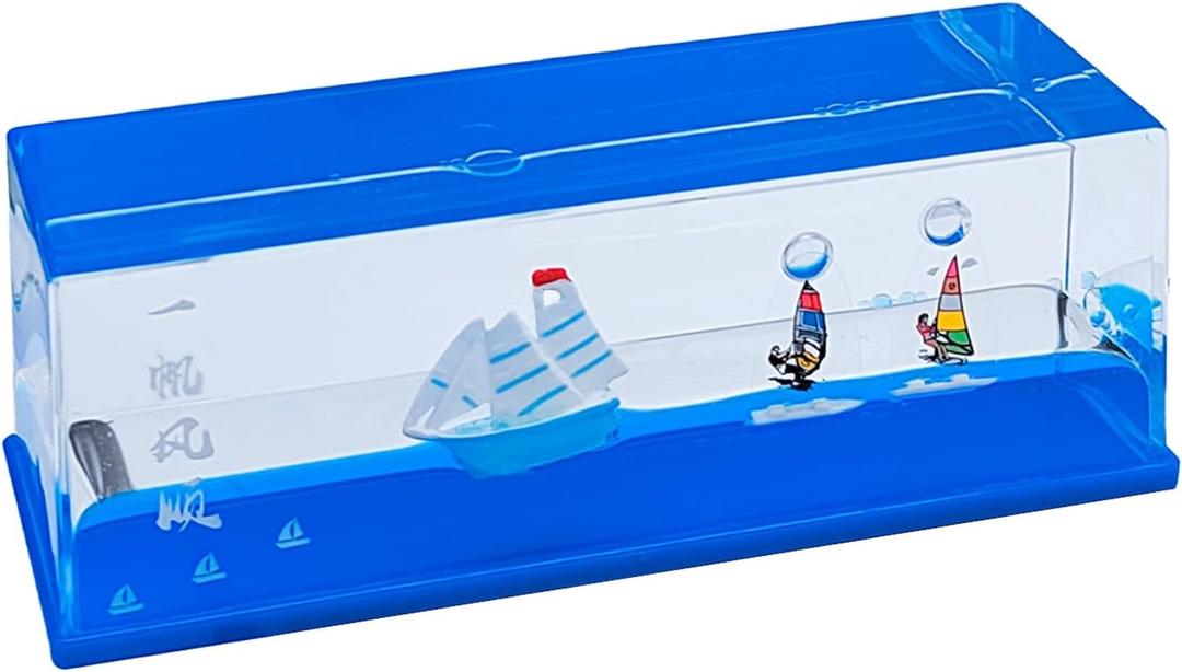 Unsinkable Smooth Sailing Ship in a Box Desk Art Decorations- Floating Resin Sailboat & Surfers in a Acrylic Fluid Drift Bottle with Ripple Effect, Motivational Home & Office Gifts