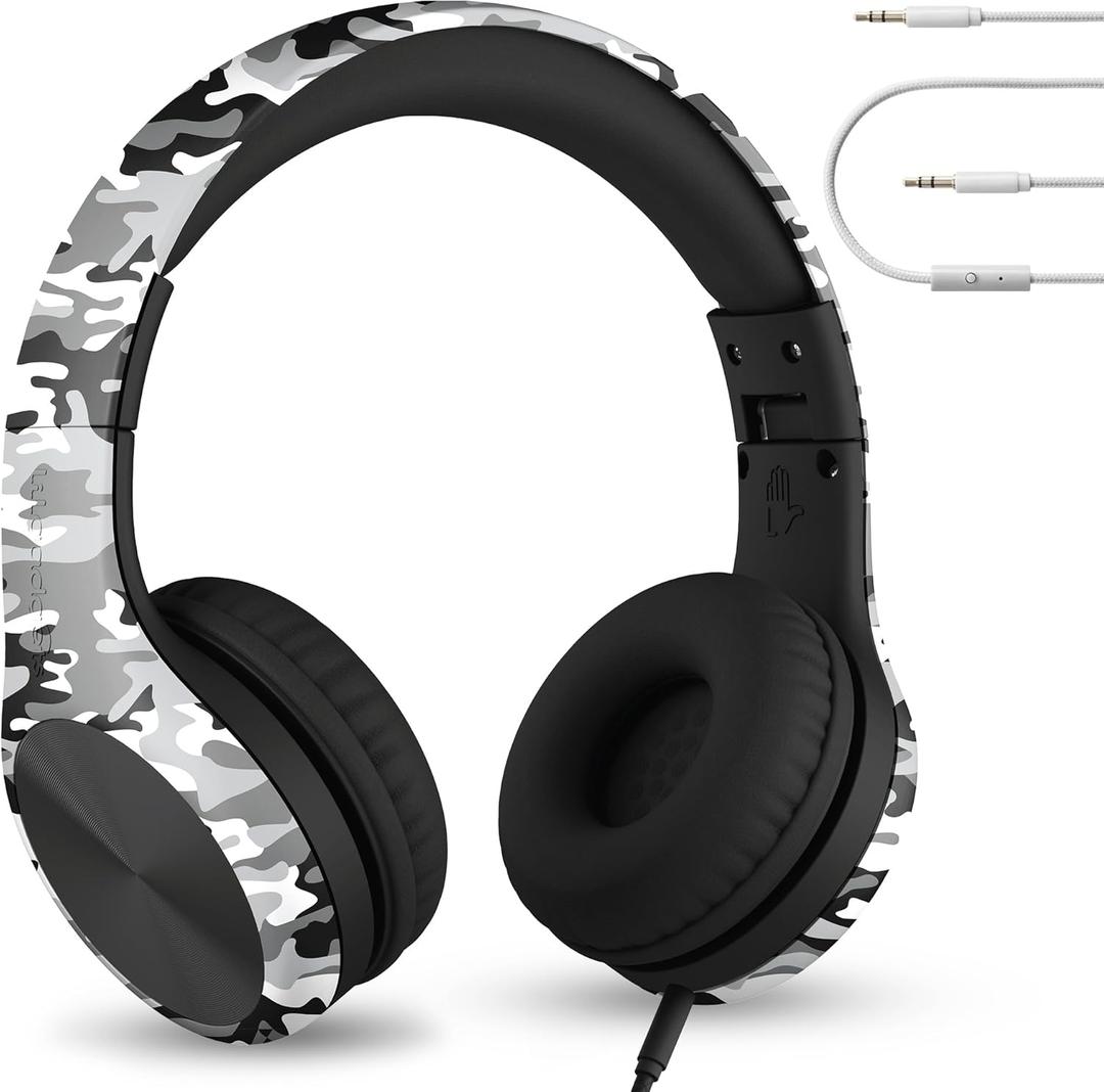 LilGadgets Connect+ Pro Wired Kids Headphones for School with Microphone, Volume Limiting Over-Ear Headset with Cord, SharePort Technology & SoftTouch Padding, Snow Camo (Printed, Black/Grey)
