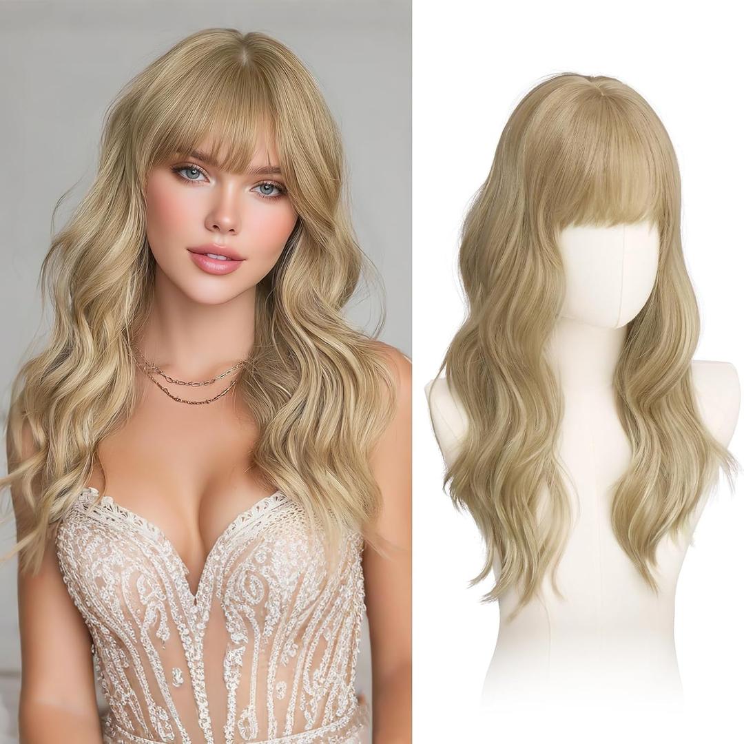 Haloo Blonde Wigs with Bangs - 20 Inch Long Soft Wavy Natural Looking Synthetic Heat Resistant Hair Wig for Women Daily Party, Dirty Blonde