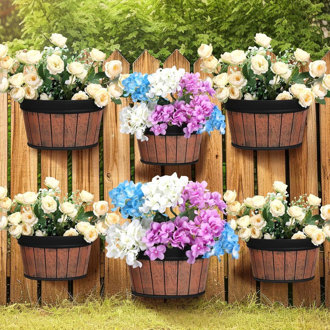Layhit 6 Pcs Wall Hanging Planters Outdoor Pot Planter Wine Barrel Planter Distressed Oak Thickened Plastic Water Storage Flower Pots for Flower Indoor Outdoor(12 Inches, 10 Inches,Brown)