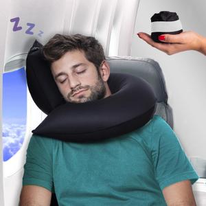 Inflatable Travel Pillows for Airplanes, Cars & Home. New J-Design. Neck & Chin Support. Firmness Adjustable. Inflatable Neck Pillow for Traveling on Plane. Blow Up Neck Pillows for Air Travel (Black With White Band)
