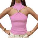 Women Sexy Halter Neck Pleated Twist Front Tank Tops Trendy Slim Fit Sleeveless Hollow Out Halter Top Clubwear (Large, Pink)