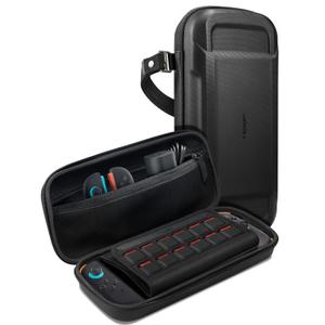 Spigen Rugged Armor Pro Carrying Pouch Case for Nintendo Switch 2 (2025), Protective Portable EVA Hard Shell, Pockets for Accessories, 6 Game Cartridges, Charger Storage Bag & AirTag Holder  Black