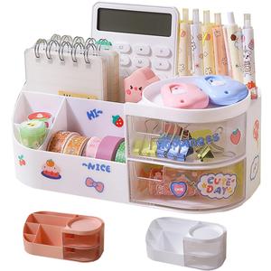 Kawaii Stationery Storage Box Makeup Organizer with 2 Drawers, Kawaii Pen Organizer with Stickers DIY Fun, Desk Organizers and Accessories with 5 Compartments for Teen Girls Office Art Supplie (Large, White)