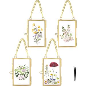 FOCHIER F 4 Pcs Pressed Flower Frame with Tweezers, Wall Hanging Tabletop Display Double Glass Frames with Metal Chain for Pressed Dried Flowers Plants, Horizontal and Vertical Picture Frame, Gold, FRAMES ONLY