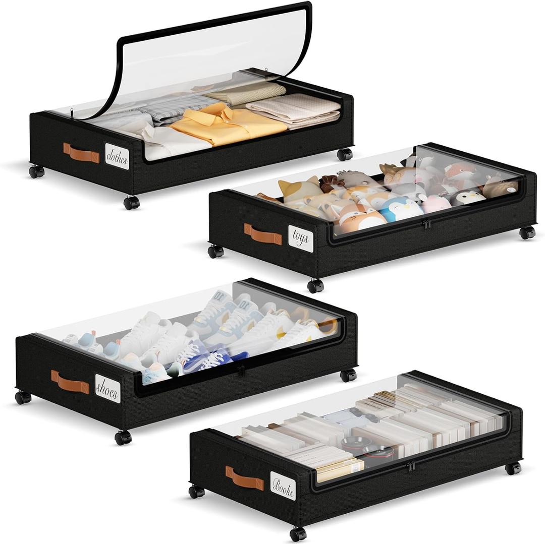 Yecaye Under Bed Storage with Wheels, 4 Pack Under the Bed Storage Containers with Lids & Label, XXL 60L Rolling Underbed Storage Drawers for Clothes, Blankets, Shoes, Black