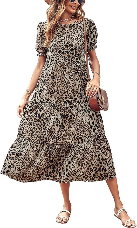 PRETTYGARDEN Summer Dresses for Women 2026 Casual Floral Boho Midi Sun Dress Puff Short Sleeve Flowy Beach Vacation Sundress, M