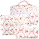 3Pcs Makeup Bag Quilted Cosmetic Bag Set Bow Travel Large Makeup Pouch for Women Cute Portable Cotton Toiletry Bag Skincare Organizer Coquette Vintage Travel Essential