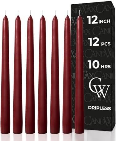 CANDWAX 12 inch Burgundy Taper Candle Set of 10 - Unscented Smokeless Dripless Candlesticks - Candle Sticks for Christmas Decorations, Party Décor, Dinner Table Centerpieces - Burgundy Tapers