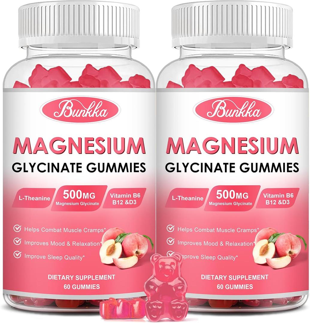 (2 Pack) Magnesium Glycinate Gummies-Magnesium Glycinate 500mg, Magnesium Complex Supplement with Potassium, VitaminD, B6 for Calm, Sleep&Stress Relief-Sugar Free, 120 Peach Magnesium Gummies